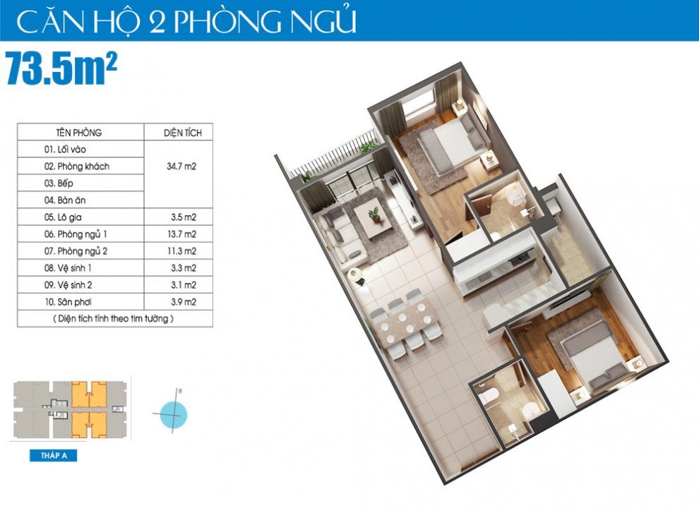 Căn hộ 02PN 73.5m2